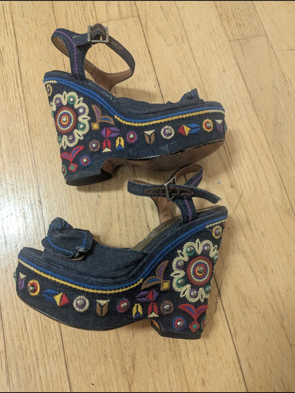 Sam Edelman Rylee Dark Blue Embroidered Denim Platform Sandals 4.5 5